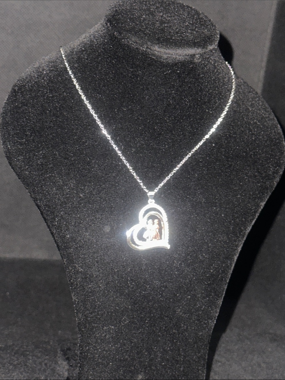 Silver Heart Pendant Necklace with Mother and Daughter Accent
